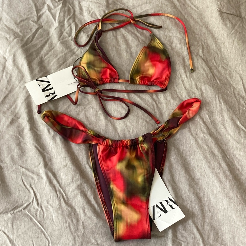 Zara Red and Green Bikini Set NWT S TOP M BOTTOM